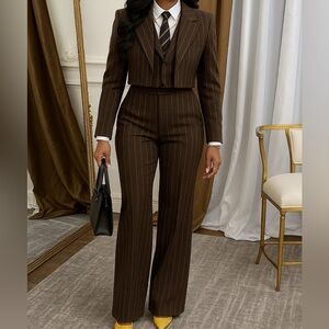 Elegant Brown Pinstripe Women's Pantsuit